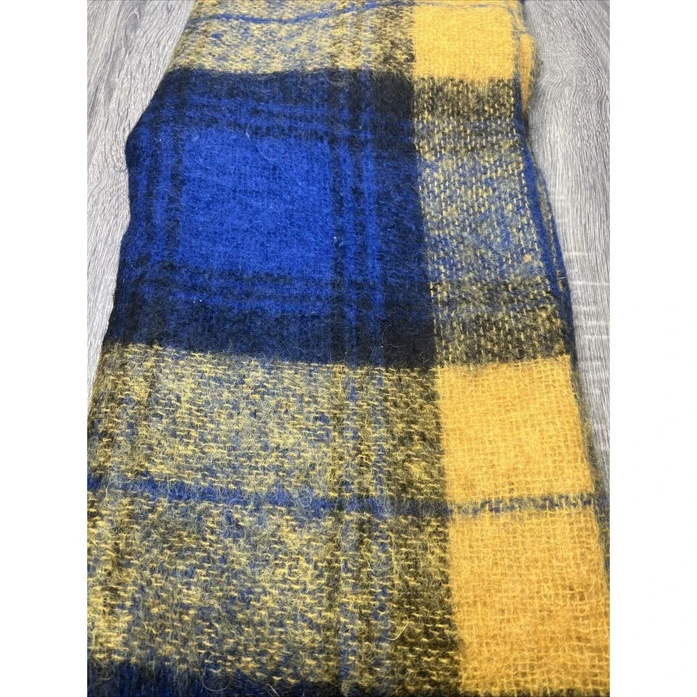 VTG Hudson's Bay Company Mohair/Wool Plaid Throw Blue Yellow Gold 55